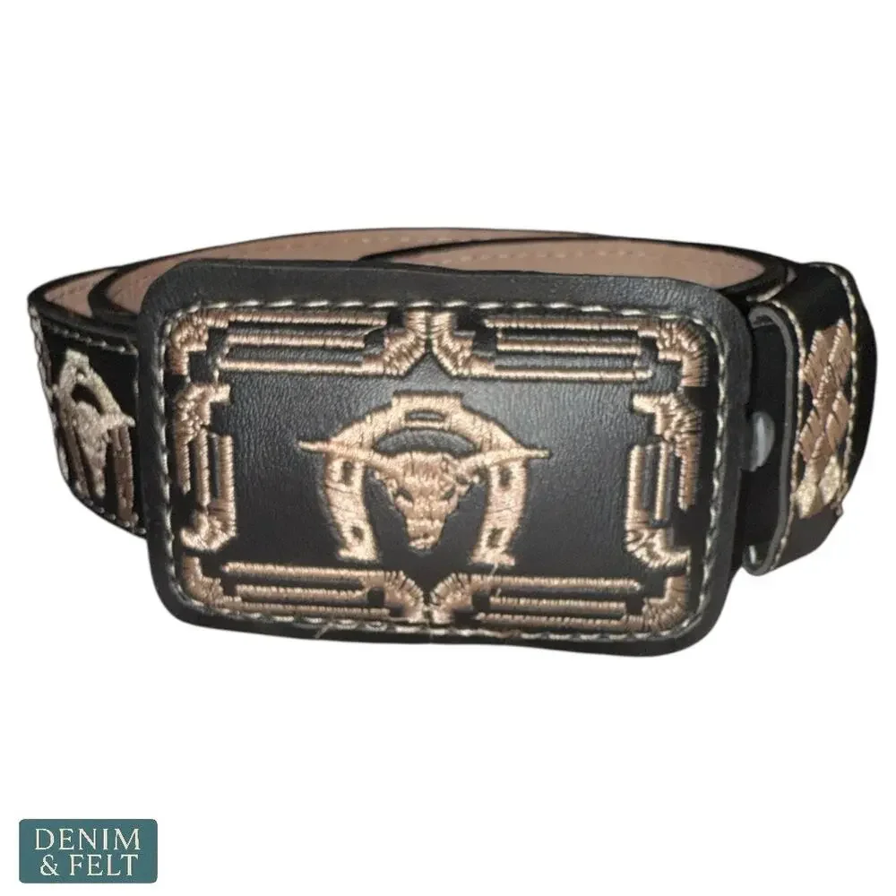 NEW Cinturon Montoro Black Leather Western Belt Bull Embroidered‎ Buckle Mens 42